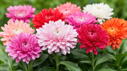 Obraz premium A vibrant array of colorful flowers in various hues, showcasing nature's beauty and intricacy in a lush green setting.