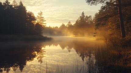 Obraz premium Misty Sunrise Over a Tranquil Forest Lake