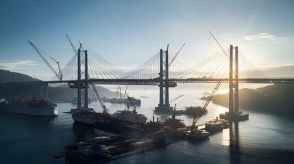 Obraz premium Towering bridges and mighty construction cranes dominate the skyline signaling the ongoing transformation of the urban landscape through a major infrastructure project