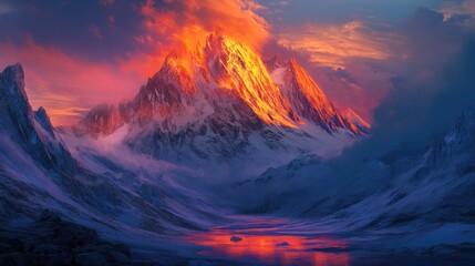 Majestic Mountain Peak Bathed in Fiery Sunset Hues