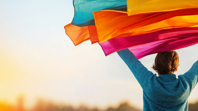 An individual standing outdoors holds vibrant fabric swaying in the breeze with a clear background. The scene symbolizes freedom, expression, and creativity in a serene outdoor setting.