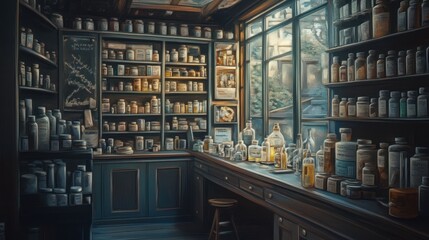 A Well-Stocked Apothecary Shop with Glass Bottles and Jars on Shelves