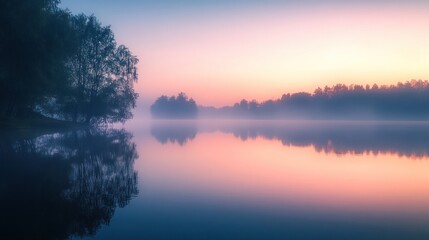 Fototapeta premium Misty Sunrise Over a Still Lake with Silhouetted Trees