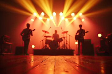  Silhouette of musicians playing guitars on stage with vibrant lighting and a dynamic atmosphere.
