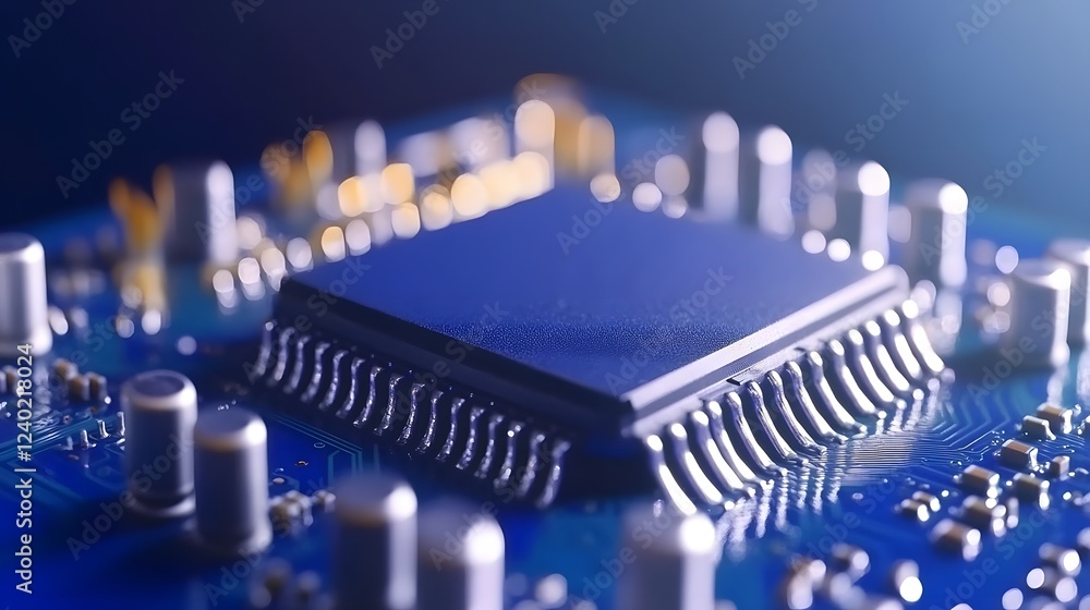 Poster close-up detailed view of microchip on circuit board