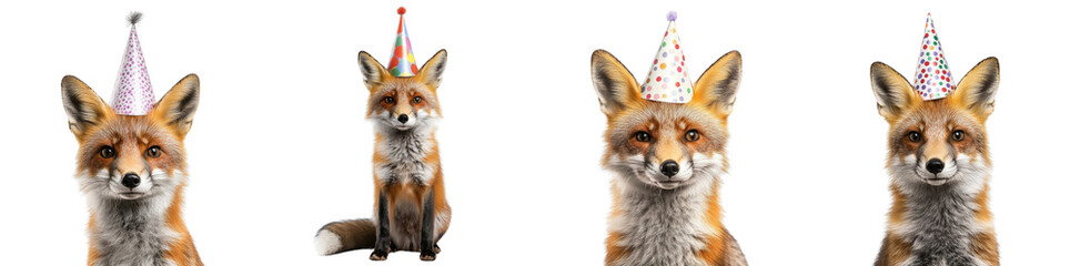 Fototapeta premium Fox wearing a party hat, isolated on a white background. Mix Collection Png.