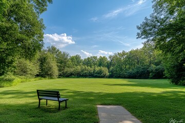 Park bench, green field, summer day, trees, relaxation