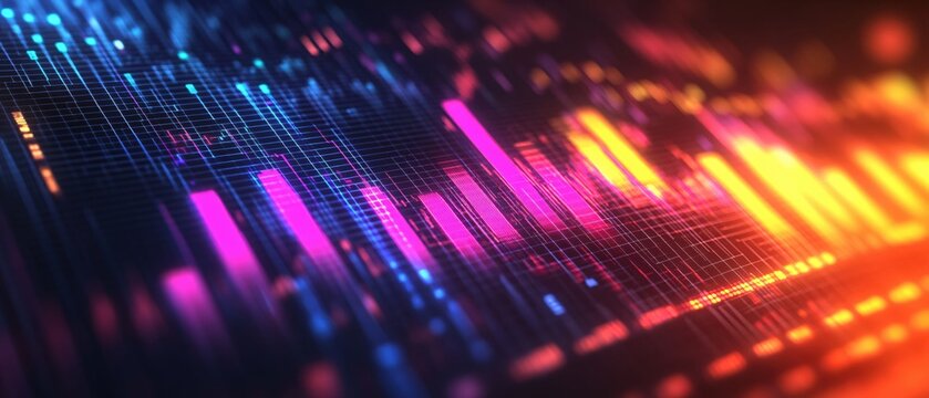 Abstract data visualization with glowing bars and grid on dark background digital technology