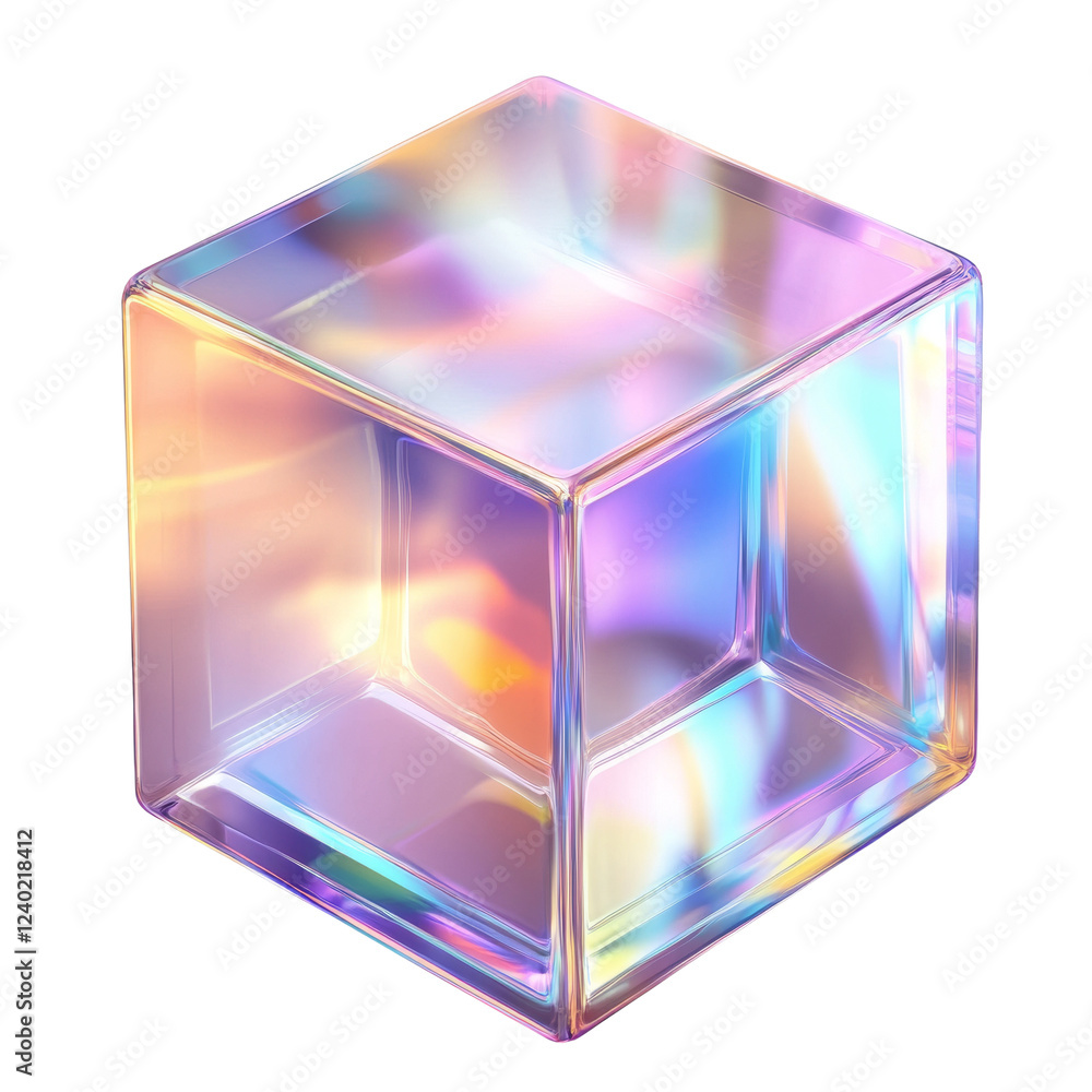 Poster a digitally rendered image showcasing an iridescent glass cube with vibrant pastel colors and smooth