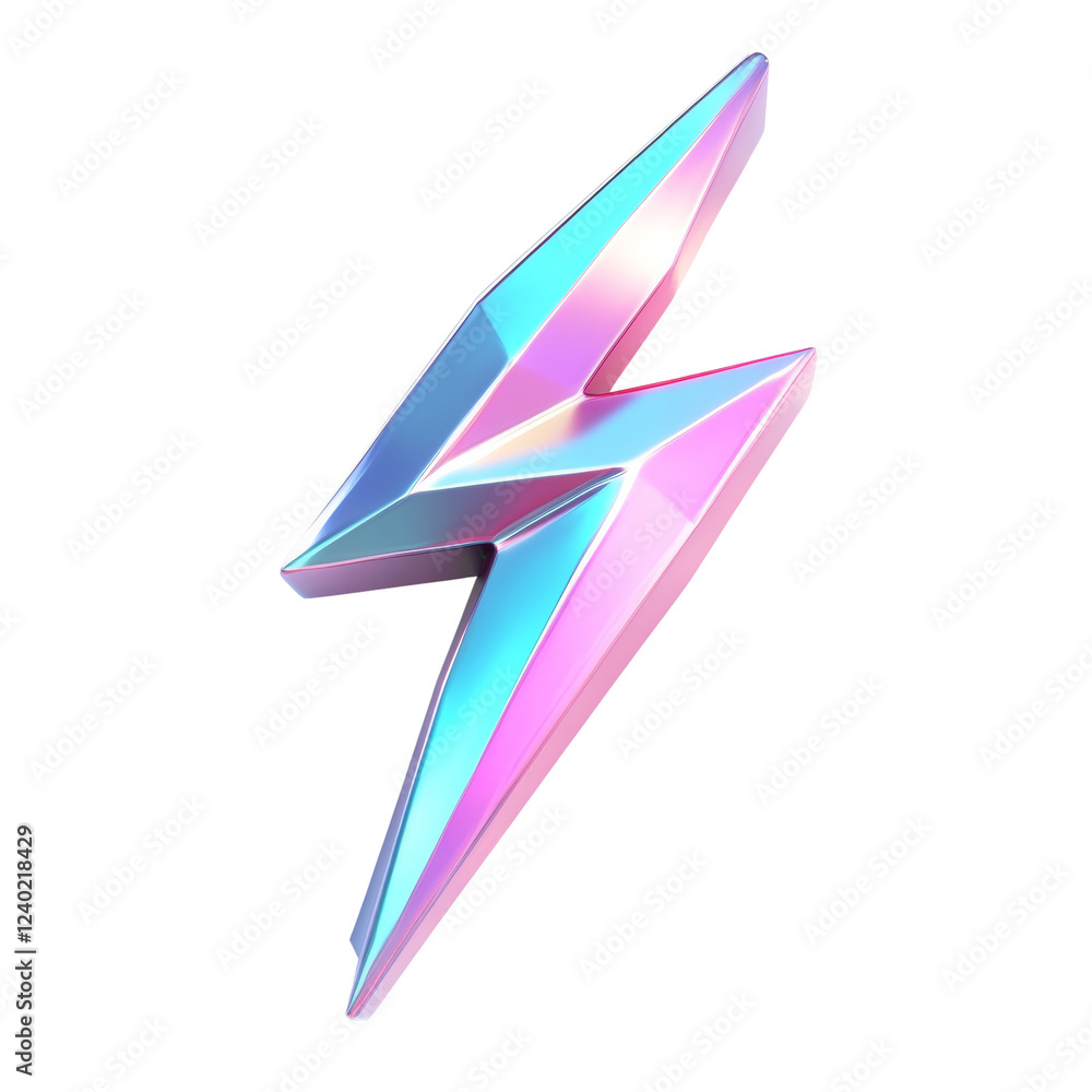 Poster a 3d rendered image of a stylized lightning bolt with an iridescent crystal-like texture and vibrant