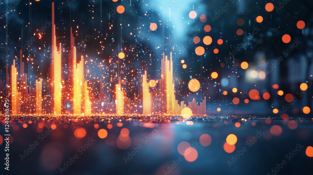 Poster abstract background with glowing orange lights and particles creating a vibrant digital atmosphere