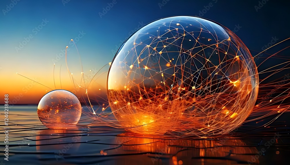 Poster a futuristic composition features transparent spheres, intricate line patterns, and glowing particle