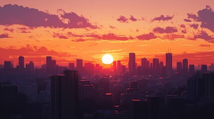 Fototapeta premium Sunset Over a Cityscape with a Large, Glowing Sun