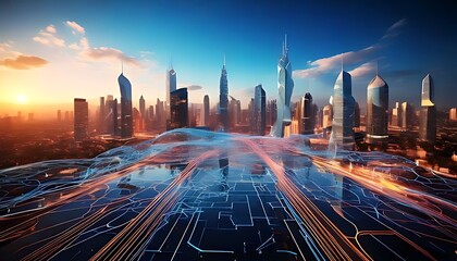 A futuristic cityscape features towering buildings, geometric platforms, and glowing holographic patterns against a bright sky