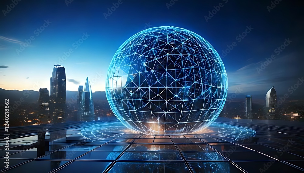Poster a futuristic scene features a large wireframe globe and geometric structures with glowing blue accen