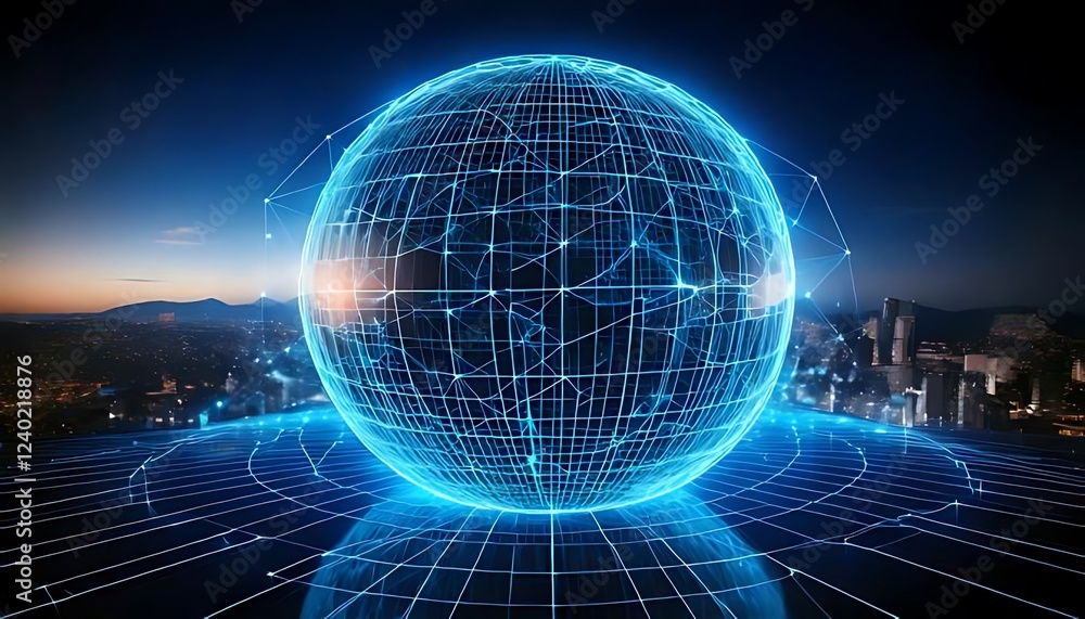 Poster a futuristic scene features a large wireframe globe and geometric structures with glowing blue accen