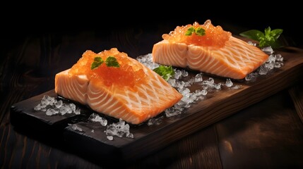 Frozen salmon fillets with delicate ice crystals resting on a simple wooden board showcasing the natural beauty and clean healthy qualities of this nutritious seafood ingredient