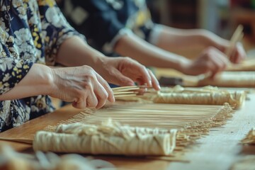 Obraz premium Cultural Workshop: People participating in a traditional craft workshop