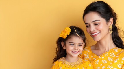 Happy mother and daughter in yellow, studio shot