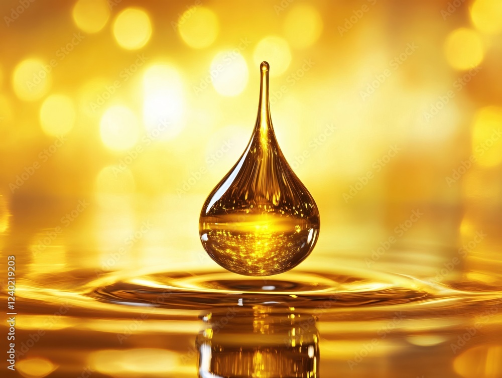 Poster golden liquid drop falling into a smooth surface creating ripples with bokeh background