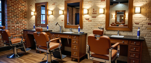 Vintage barber shop interior with leather chairs and brick walls, nostalgia