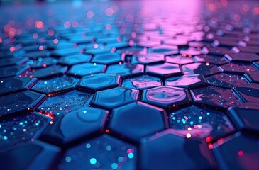 Obraz premium Close-up of glowing hexagonal tiles with glittering particles and light reflections in blue and purple.