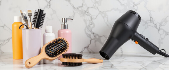 Professional blow dryer and brushes on marble countertop, hair care