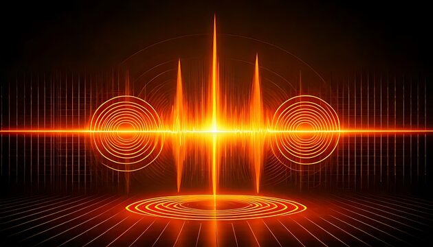 A glowing orange audio waveform pulsates with concentric circles, overlaid on a dark background with subtle grid patterns. - Powered by Adobe
