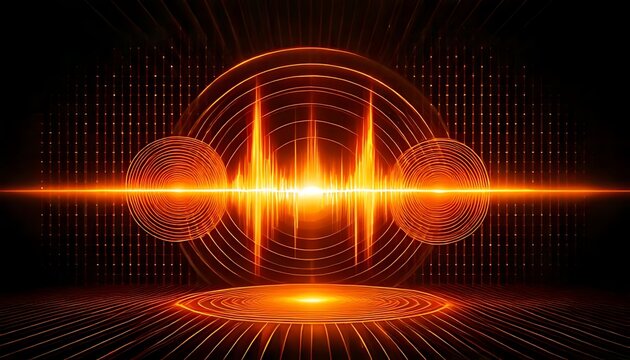 A glowing orange audio waveform pulsates with concentric circles, overlaid on a dark background with subtle grid patterns. - Powered by Adobe