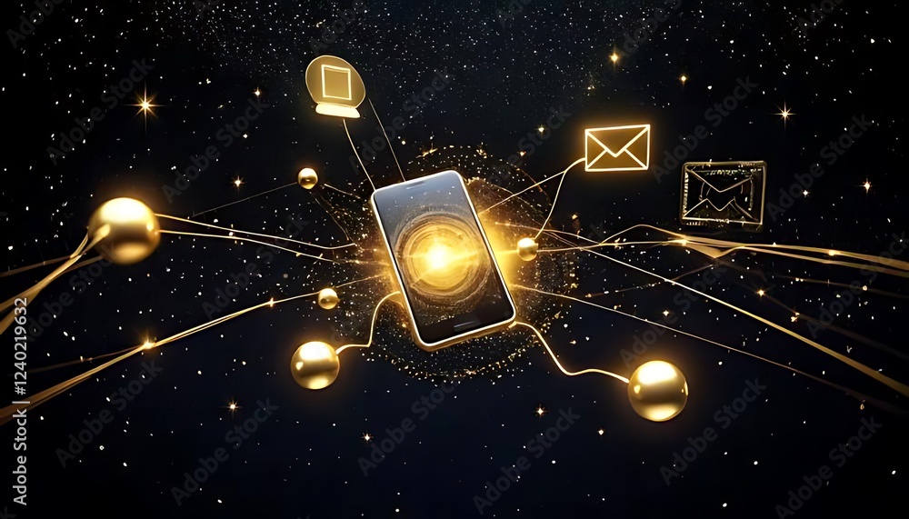Aufkleber a golden smartphone in starry space, connected to icons by thin lines, creating a network.