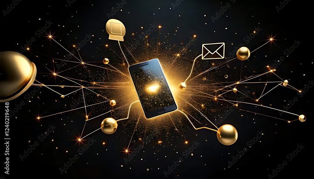 Poster a golden smartphone in starry space, connected to icons by thin lines, creating a network.
