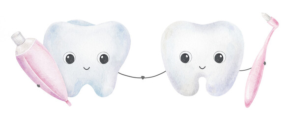Two friends Teeth, toothpaste, single sulcular toothbrush. Kawaii Characters Holding hands. Baby Isolated hand drawn watercolor kids illustration for pediatric dentistry, products dental health care