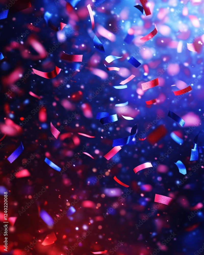 Aufkleber red and blue confetti falling against a dark background with bokeh effect and soft light