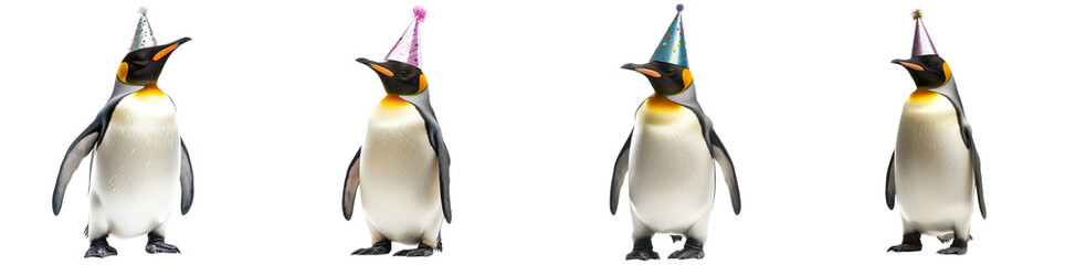 Naklejka premium Emperor penguin wearing a party hat, isolated on a white background. Mix Collection Png.