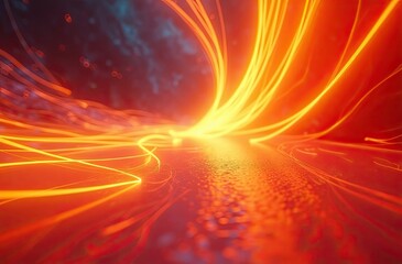 Vibrant orange glowing light beam cutting through smooth flowing waves, digital art concept.