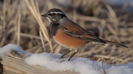 Small bird with orange breast standing on snow covered log in winter field with dry grass