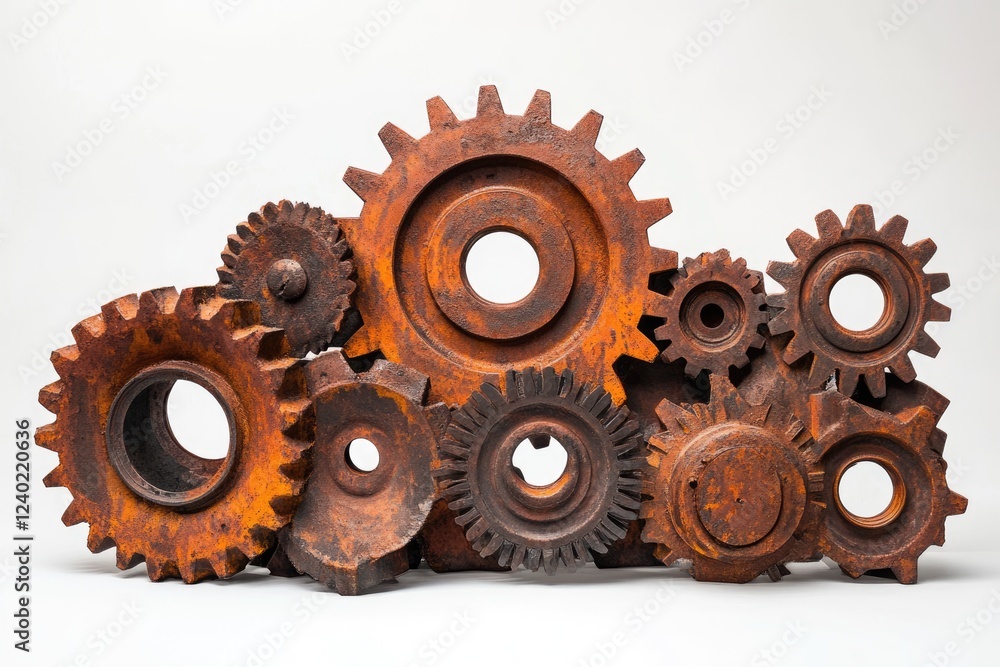Poster a cluster of rusty gears interlocked, showcasing intricate mechanical detail and the passage of time
