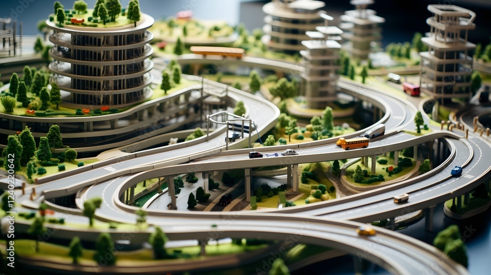 Poster aerial view of expressway expansion project featuring the addition of multiple lanes to enhance urba