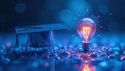 Graduation celebration university campus image of light bulb and cap inspirational environment close-up view innovation concept