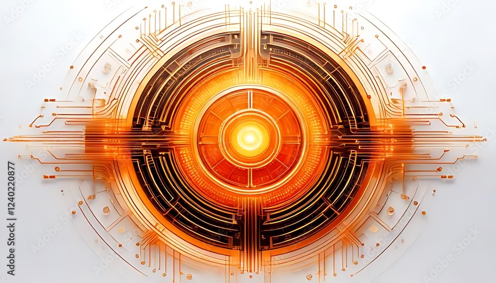 Poster a luminous orange circuit design with layered, radial patterns emanates from a bright core