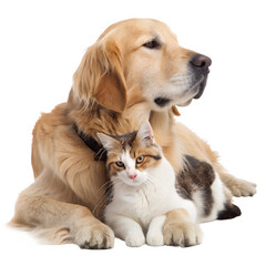Obraz premium Isolated shot of a retriever dog snuggling with a cat