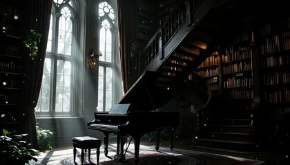 Grand Piano in a Majestic Library with Sunlight