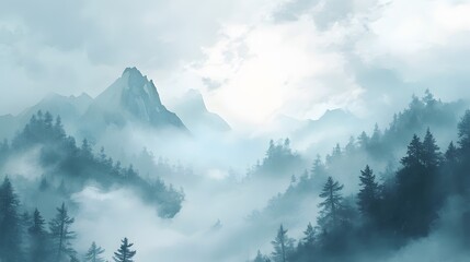 Obraz premium Misty Mountains Enveloped in a Serene Forest Scene