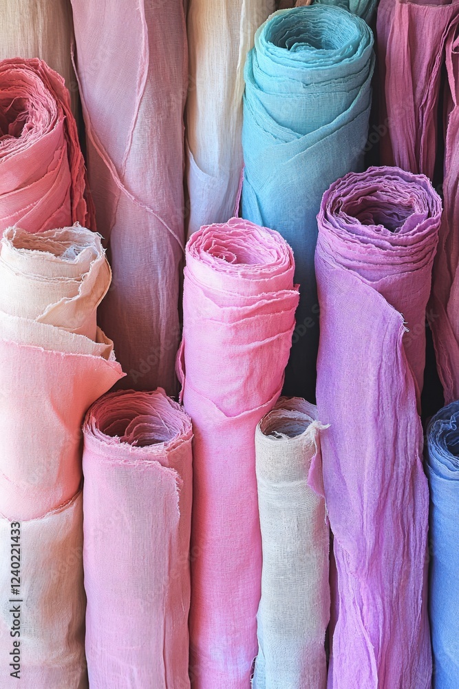 Poster rolled fabric bolts in pastel colors create a soft and textured abstract background image