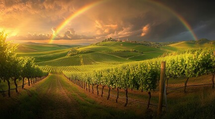 Obraz premium Vineyard sunset rainbow landscape, hilltop village