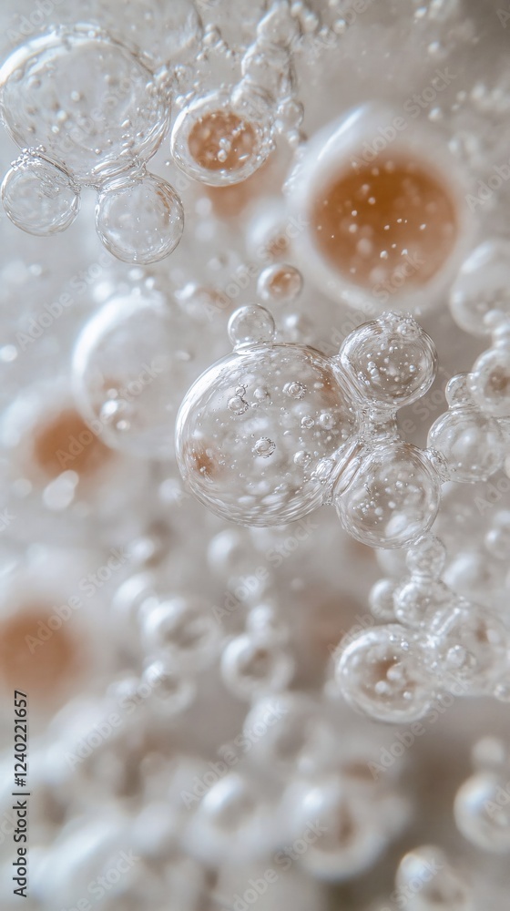 Poster abstract close up of transparent bubbles with orange spots in a light background macro shot
