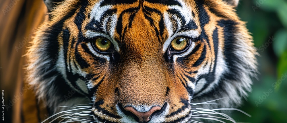 Poster tiger face close up with sharp focus on eyes and fur details in a natural setting