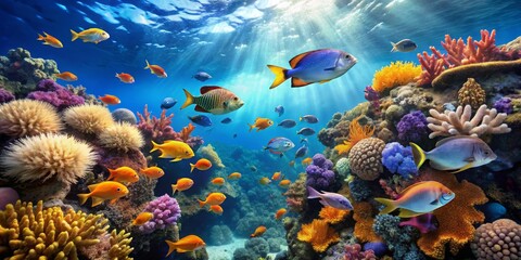 Naklejka premium Vibrant Underwater Scene with Colorful Fish and Coral Reefs