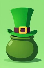 Leprechaun green hat covering pot of gold on green background