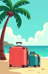Fototapeta premium Suitcases resting on sandy beach under palm tree in tropical paradise